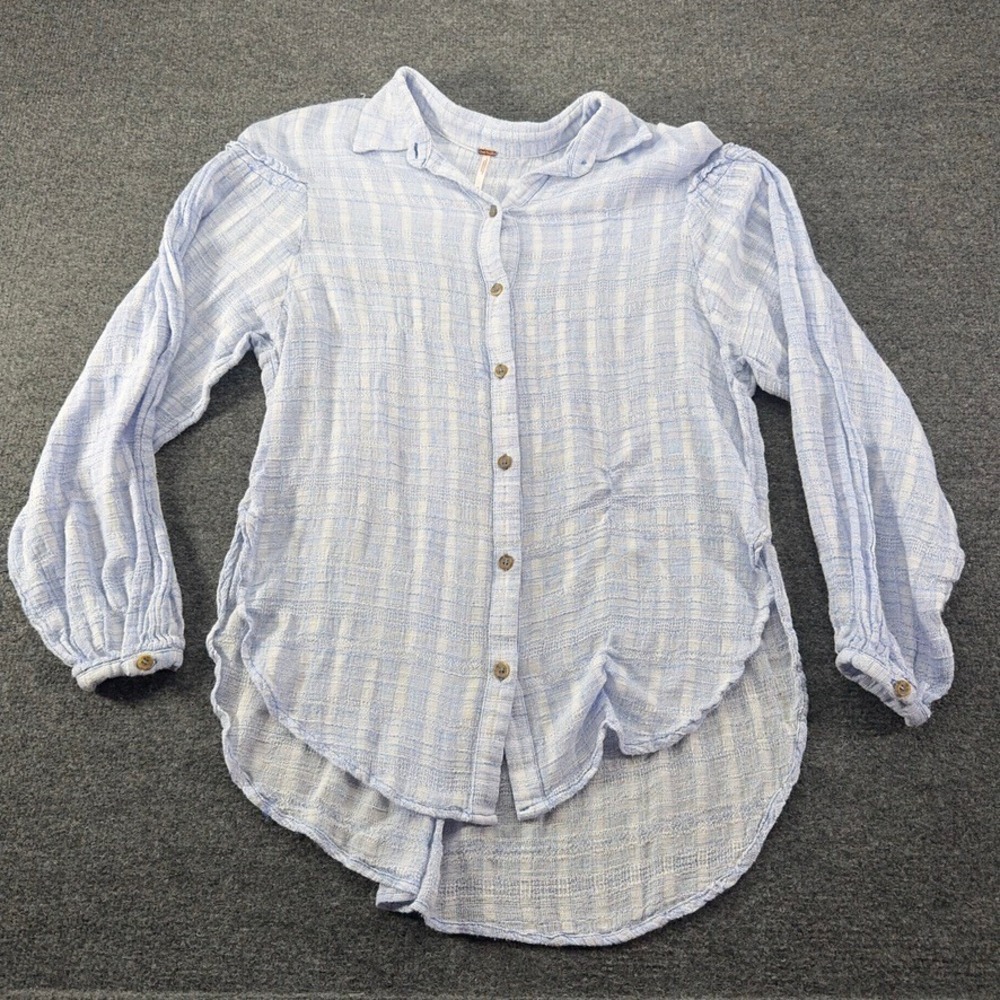 Free People Blue White Plaid Textured Button Down High Low Shirt Medium